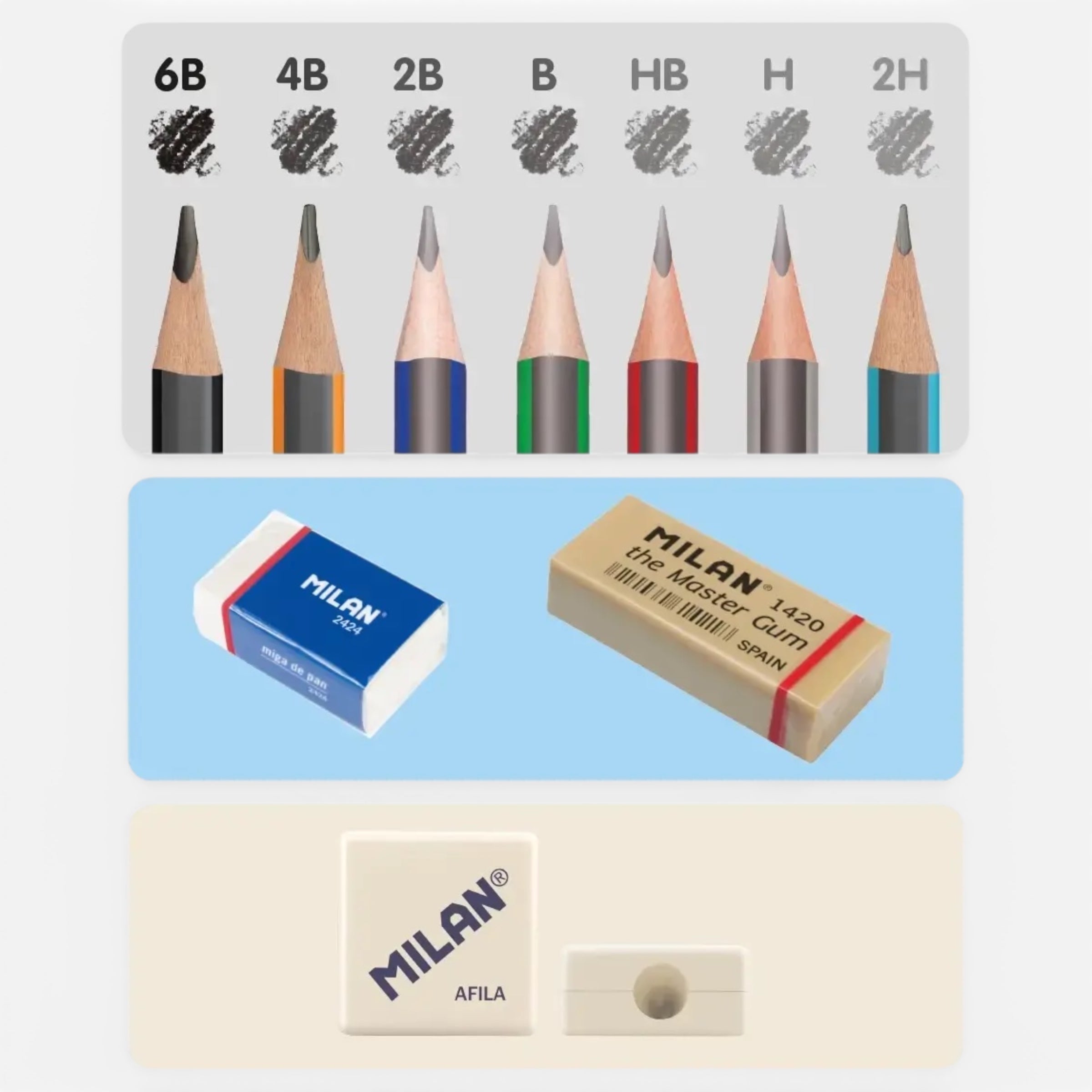Set de lápices 2H, H, HB,B, 2B, 4B y 6B. Milan - Black Sheep Handmade