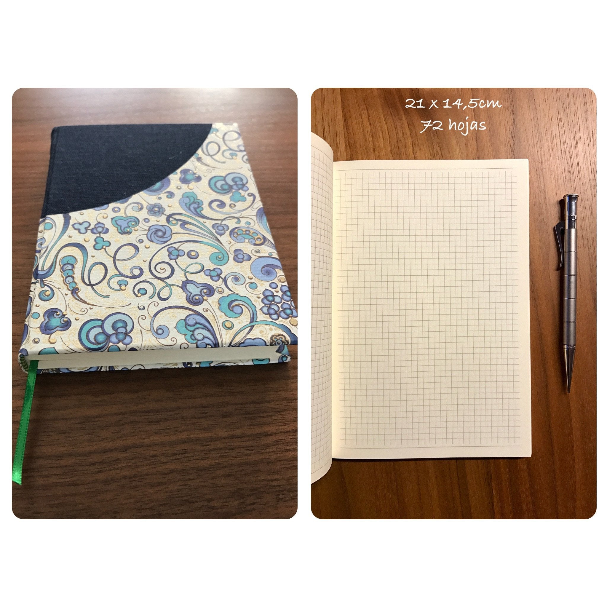 Cuaderno en papel Italiano & tela azul - Black Sheep Handmade