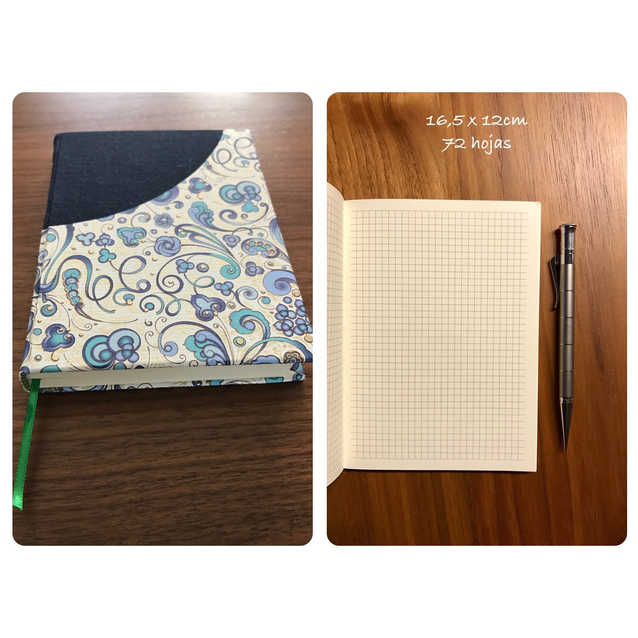 Cuaderno en papel Italiano & tela azul - Black Sheep Handmade