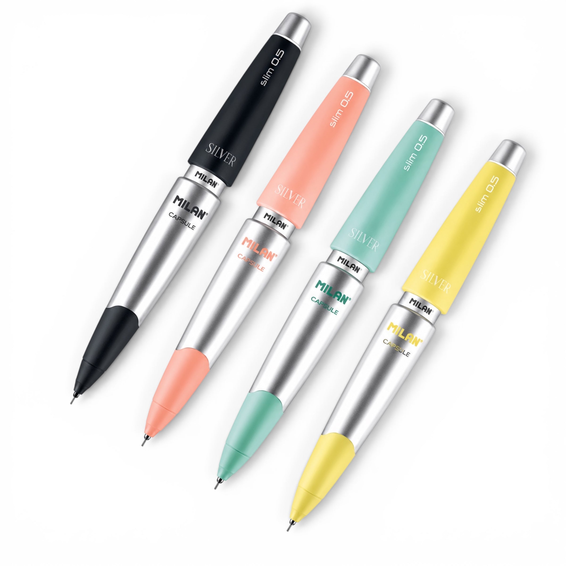 Portaminas MILAN CAPSULE Slim Silver 0,5 mm. Diseño compacto, escritura precisa