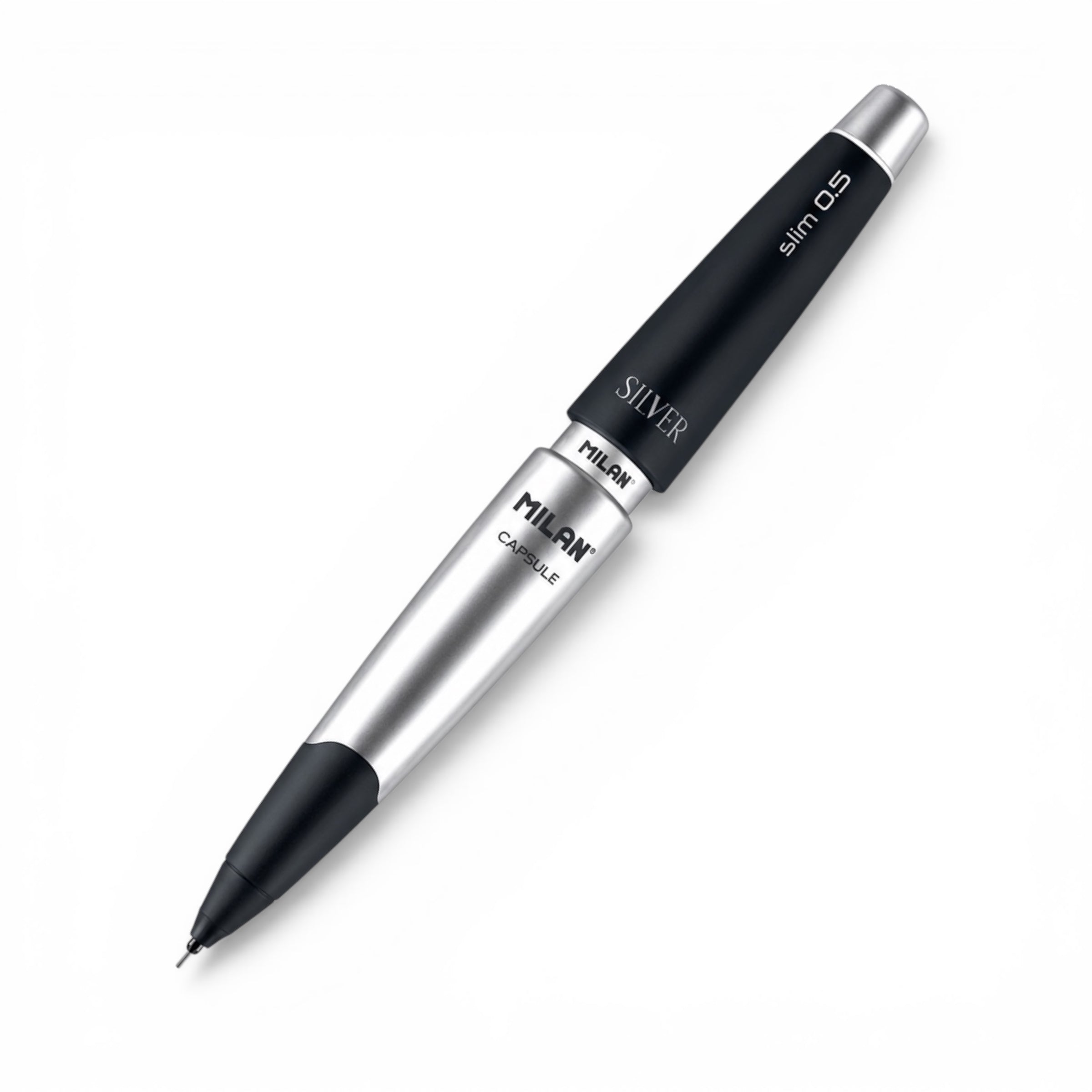 Portaminas MILAN CAPSULE Slim Silver 0,5 mm. Diseño compacto, escritura precisa